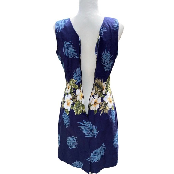 KYs Hawaiian Hibiscus Flowers Palm Leaves Shift Dress Blue Large - Picture 5 of 6